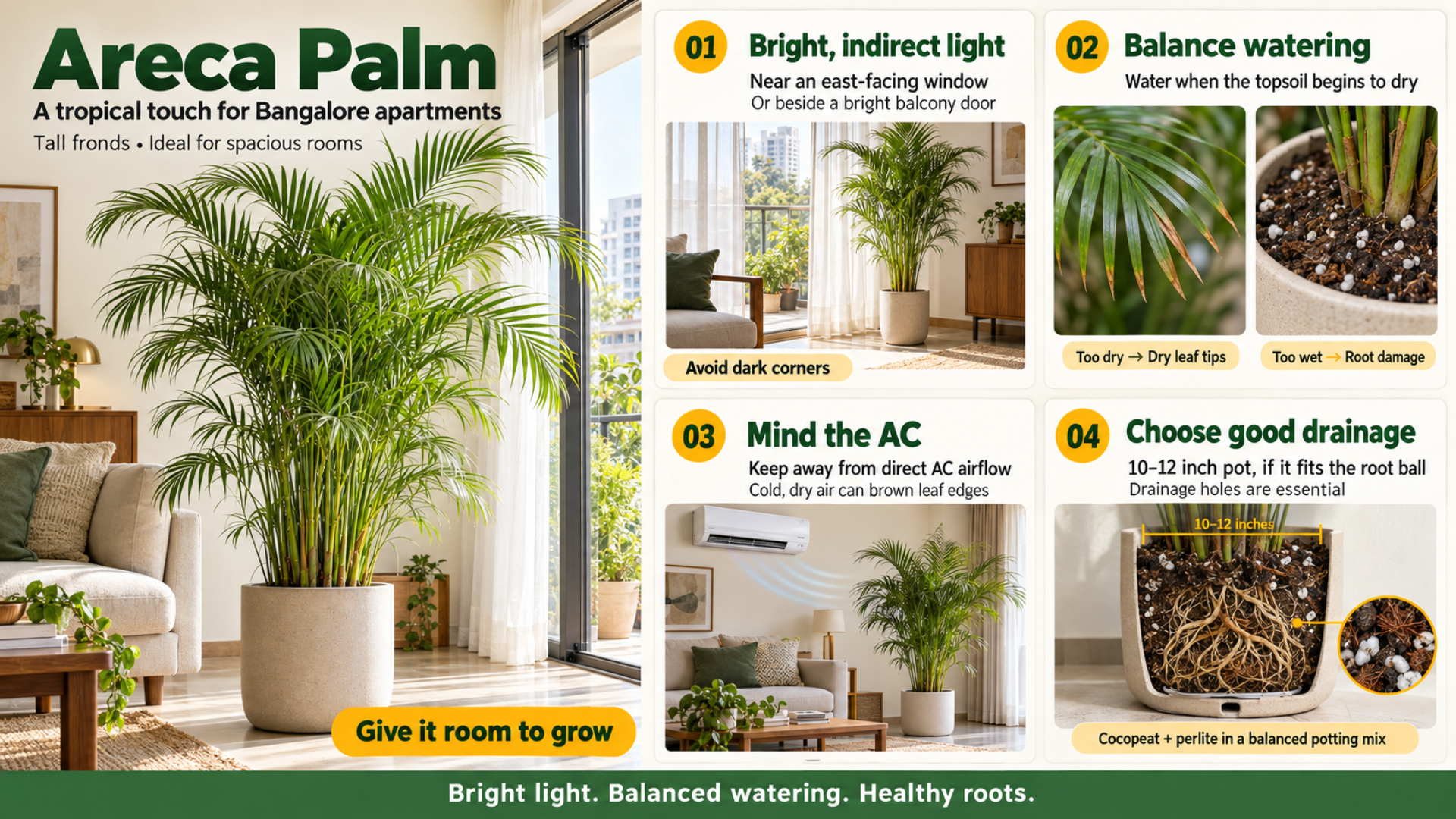 Areca Palm is kept near the window of a Bangalore apartment 